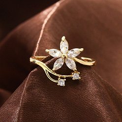 Настоящее золото 18K Кольца на палец из латуни с микро-паве и кубическим цирконием для женщин, без кадмия и без свинца, долговечный, цветок, реальный 18 k позолоченный, 15.5 мм, внутренний диаметр: 18.5 мм