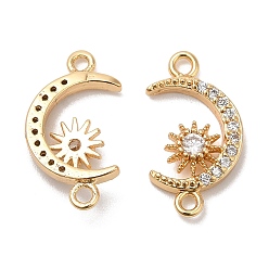 Real 18K Gold Plated Brass Micro Pave Clear Cubic Zirconia Connector Charms, Moon Links with Sun, Real 18K Gold Plated, 16x9x3mm, Hole: 1.2mm