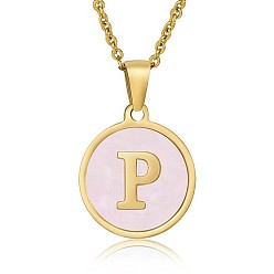 Letter P Natural Shell Initial Letter Pendant Necklace, with Golden Stainless Steel Cable Chains, Letter P, 17.72 inch(45cm)