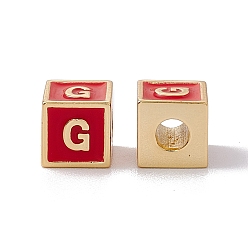 Letter G Стойки покрытие латунь эмаль бисер, без кадмия, без никеля и без свинца, реальный 18 k позолоченный, куб с письмом, красные, letter.g, 6x6x6 мм, отверстие : 2.5 мм