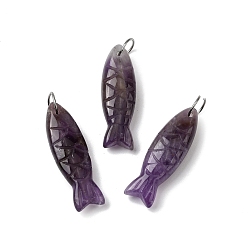 Аметист Резные подвески из натурального аметиста, рыбы прелести, с 304 кольцами из нержавеющей стали, цвет нержавеющей стали, 33.5~34.5x10.5x7~7.5 мм, отверстие : 7 мм