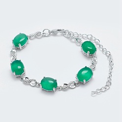 Natural Agate Natural Green Onyx Agate Link Chain Bracelets, with Brass Findings, Real Platinum Plated, Oval and Infinity, 5-3/4 inch~6 inch(14.5~15cm)