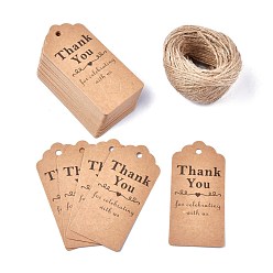 BurlyWood Paper Gift Tags, Hang Tags, with Jute Twine, for Wedding Thanksgiving, Rectangle with Word Thank You for Celebrating with Us, BurlyWood, 9.5x4.5x0.05mm, Hole: 5.3mm, 100pcs/set