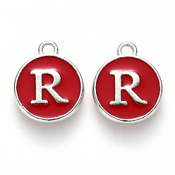 Letter R Брелоки из сплава с платиновым покрытием и эмалью, без кадмия и без свинца, эмалированные блестки, плоские круглые с буквы, красные, буква r, 14x12x2 мм, отверстие : 1.5 мм