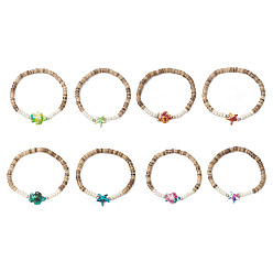 (52) Непрозрачная лаванда Браслеты из кокосовых бусин с морскими черепахами и морскими звездами, с латунными разделительными бусинами и окрашенными синтетическими бирюзовыми бусинами, разноцветные, внутренний диаметр: 2-1/8 дюйм (5.5 см), 8 шт / комплект