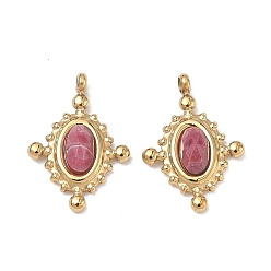 Rhodonite Natural Rhodonite Faceted Pendants, 304 Stainless Steel Oval Bezeled Charms, Ion Plating(IP), Real 14K Gold Plated, 13x9x3mm, Hole: 1.2mm