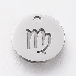 Jungfrau Anlaufgeschützt 304 Charms aus Edelstahl, Laserschnitt, flach rund mit Konstellation, hohl, Edelstahl Farbe, Jungfrau, 10x1 mm, Bohrung: 1.2 mm