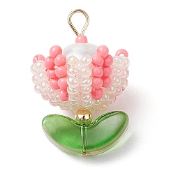 Pink Подвески из нейлоновой проволоки, стеклянные бусины ручной работы с круглыми стеклянными бусинами и 304 штифтами с плоской головкой из нержавеющей стали, цветок, розовые, 25x15x15 мм, отверстие : 2.5x3 мм