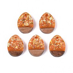 Темно-Оранжевый Подвески из непрозрачной смолы и орехового дерева, слезинки, с блестящей пудрой и золотой фольгой, темно-оранжевый, 17.5x13x3 мм, отверстие : 2 мм