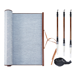 Gray Chinese Calligraphy Brush Set, include Polyester Calligraphy Cloth, 3 Wood Brushes & Palstic Ink Rest, Gray, 396x44x34mm