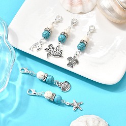 Античное Серебро & Серебро 5 шт. подвески из сплава в тибетском стиле с изображением морских животных, с круглыми бусинами из синтетической бирюзы и застежками-карабинами, старинное серебро и серебро, 53~55 мм