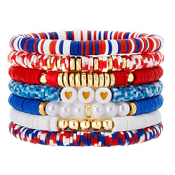 Средно-синий 7 Набор эластичных браслетов для женщин с узором в виде сердечек из полимерной глины, пластиковых бусин и жемчуга, а также пластиковых бусин CCB., светло-синий, внутренний диаметр: 2.56~5.12 дюйм (6.5~13 см)
