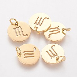 Scorpio 304 Stainless Steel Charms, Flat Round with Constellation/Zodiac Sign, Golden, Scorpio, 12x1mm, Hole: 3mm