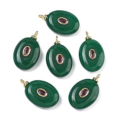 Белый Нефрит Крашеные натуральный белый нефрит подвески, Овальные подвески с латунной микрофиброй и отделкой из кубических цирконий, без свинца и без кадмия, долговечный, стойки покрытие, реальный 18 k позолоченный, зелёные, 25x15x6 мм, отверстие : 2 мм