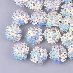 Alice Bleu Cabochons paillette pvc, perles de cluster, avec des perles de rocaille en verre et des réglages de disques perforés en laiton plaqué or, fleur, bleu alice, 20~23x10~11mm