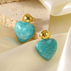 Небесно-голубой День святого Валентина 304 Серьги-гвоздики из нержавеющей стали и эмали, сердце, золотые, голубой, 25.4x18.5 мм