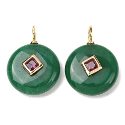 Malaysia Jade Dyed Natural Malaysia Jade Pendants, Flat Round Charms with Brass Micro Pave Cubic Zirconia Findings, Long-Lasting Plated, Rack Plating, Golden, Cadmium Free & Lead Free, 23~24.5x18x5.5~6mm, Hole:4mm