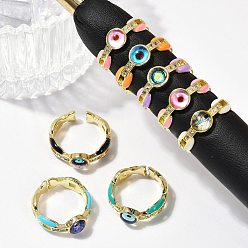 (52) Непрозрачная лаванда Кольца-манжеты из латуни с микропаве из прозрачного кубического циркония и эмалью для женщин, без кадмия, без никеля и без свинца, плоские круглые с глаз, реальный 18 k позолоченный, разноцветные, внутренний диаметр: регулируемый