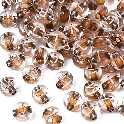 Sienna Transparent Sienna Acrylic Beads, Metal Enlaced, Horizontal Hole, Flat Round with White Random Letter, 7x4mm, Hole: 1.8mm, about 3600~3700pcs/500g