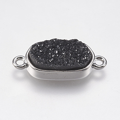 Покрытие Гематита Гальванические соединители из натурального агата друзы, с латунной фурнитурой платинового цвета, овальные, гематит покрытием, 10x24x6 мм, отверстие : 1 мм