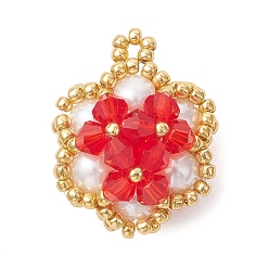 Красный Стеклянные подвески из бисера, цветочный шарм, со стеклом и стеклянной жемчужиной, граненые, красные, 26x21x15.5 мм, отверстие : 2 мм