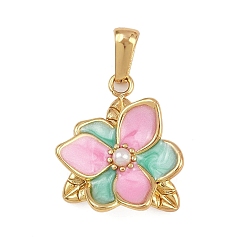 Pink 304 нержавеющей стальной эмали подвески, , с пластиковой имитационной жемчужиной, золотые, розовые, 23.5x20x5.5 мм, отверстие : 2.5x6.5 мм