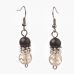Wood Wood Beads Dangle Earrings, with Plating Acrylic Beads, Brass Rhinestone Spacer Beads and Brass Earring Hooks, 44~45mm, Pin: 0.6mm