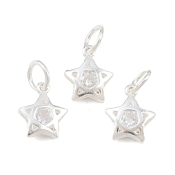 Звезда 925 подвески из стерлингового серебра с прозрачными кубическими цирконами, с прыжковых колец, серебряный цвет гальваническим, звезда, 9x7.5x2.5 мм, отверстие : 3 мм