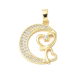 Сердце Латунные микро проложить кубического циркония подвески, без кадмия и без свинца, луна, реальный 18 k позолоченный, сердце, 20x19x3.5 мм, отверстие : 2.5x5 мм