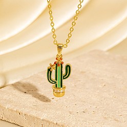 Настоящее золото 18K Подвеска в виде зеленого кактуса из латуни с инкрустацией кубическим цирконием в стиле Синко де Майо для женщин., реальный 18 k позолоченный, 15.75 дюйм (40 см)