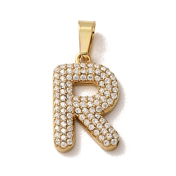 Letter R 304 Stainless Steel Micro Pave Clear Cubic Zirconia Pendants, Letter Charms, Golden, Ion Plating(IP), Letter R, 18x11.5x2.5mm, Hole: 6x2.5mm