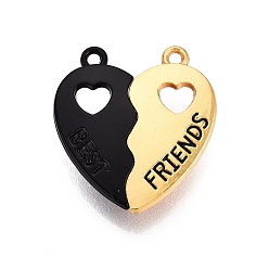 Schwarz Legierung Split Anhänger, Herzanhänger mit der Aufschrift „Beste Freundin“, mit Magnet, gischt gemalt, golden, Schwarz, 28x26x7 mm, Bohrung: 1.8 mm