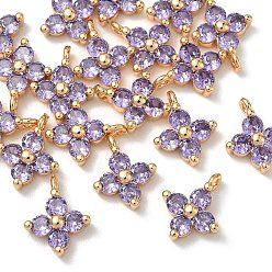 Lilac SHEGRACE Brass Cubic Zirconia Charms, Flower Charms, Cadmium Free & Lead Free & Nickel Free, Real 18K Gold Plated, Lilac, 11.5x9.5x3mm, Hole: 1.2mm