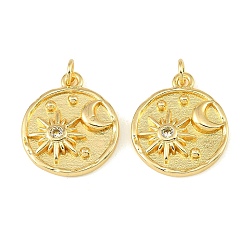 Real 18K Gold Plated Brass Micro Pave Clear Cubic Zirconia Pendants, Flat Round with Sun & Moon Charms, Real 18K Gold Plated, 21.5x18x3.5mm, Hole: 3mm