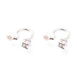 Platinum Anti-Tarnish Rhodium Plated 925 Sterling Silver Cuff Earrings, with Cubic Zirconia and Shell Pearl Round Beads, with S925 Stamp, White, Platinum, 11x12x4mm
