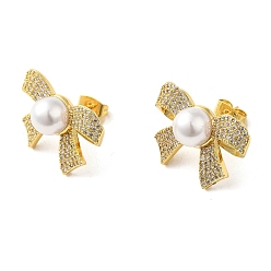 Real 16K Gold Plated Bowknot Brass Micro Pave Clear Cubic Zirconia Stud Earrings, with Imitation Pearl for Women, Real 16K Gold Plated, 17x22.5mm