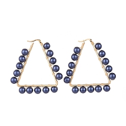 Dunkel schieferblau Creolen, mit Muschelkernperlen, Kupferdraht mit 304 Edelstahl-Creolen, Dreieck, golden, dunkelblau, 63x59x8 mm, Stift: 1.5 mm