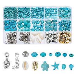 Бирюза Набор для поиска поделок для изготовления ювелирных изделий, включая синтетическую бирюзу и бусины из натуральных ракушек, сплав европейские подвески с подвесками, бирюзовые, 4~31x4~15x2~12 мм, отверстие : 1~5 мм