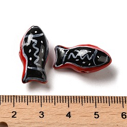 Black Handmade Printed Porcelain Beads, Famille Rose Porcelain, Fish, Black, 11x21.5~22x9mm, Hole: 1.5~1.8mm