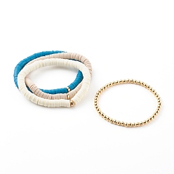 Mixed Color Stretch Beaded Bracelets Sets, with Handmade Polymer Clay Heishi Beads and Brass Round Beads, Golden, Mixed Color, Inner Diameter: 2-1/8 inch(5.3cm), 2-1/8 inch(5.4cm), 4pcs/set