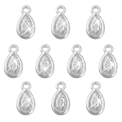 Серебро 10шт. 925 подвески в форме капли из стерлингового серебра с инкрустацией прозрачными кубическими циркониями, серебряные, 8x4.5x1.5 мм, отверстие : 1 мм