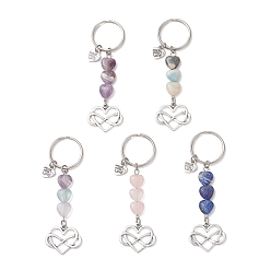 Смешанные камни Брелки в форме сердца из натуральных смешанных драгоценных камней, с железными разрезными брелоками, старинное серебро и платина, 90 мм
