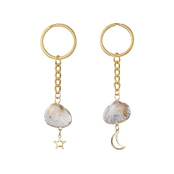 Golden Shell Shape Acrylic Pendant Keychain, with 304 Stainless Stee Charm and Iron Split Key Rings, Moon/Star, Golden, 8.35~9.05cm, 2pcs/set.