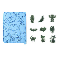 Cielo Azul Oscuro Moldes de silicona para colgantes diy con temática de halloween zombie/murciélago/gato, moldes de resina, para resina uv, fabricación de joyas de resina epoxi, cielo azul profundo, 221x185x6 mm, agujero: 2 mm, diámetro interior: 28~71x28~86 mm