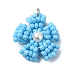 Светло-Голубой Подвески из стеклянных бусин в виде маргариток, с перламутровым кольцом и цветным кольцом из нержавеющей стали, Небесно-голубой, 18~19x18x4 мм, отверстие : 3.5 мм