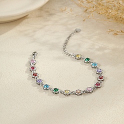 Плоский Круглый 304 Теннисные браслеты из нержавеющей стали с разноцветными кубическими циркониями для женщин, цвет нержавеющей стали, плоско-круглые, 6.97 дюйм (17.7 см)