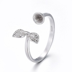Platinum Rhodium Plated 925 Sterling Silver Cuff Rings, Design Ring Mounts Fittings with Pearl Seat, For Half Drilled Beads, with Cubic Zirconia, Leaf, with 925 Stamp, Platinum, Size 8, 18mm, Tray: 3.5mm, Pin: 0.8mm