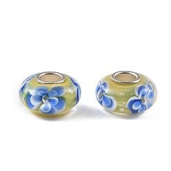 Pale Goldenrod Lampwork & Brass Core European Beads, Large Hole Beads, Rondelle with Flower, Pale Goldenrod, 15x7.5mm, Hole: 4mm