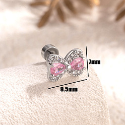 Ярко-Розовый 304 из нержавеющей стали кубического циркония серьги стержня, с латунным, бантом, платина, ярко-розовый, 7x9.5 мм