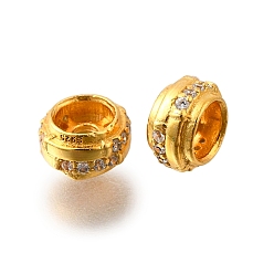 Настоящее золото 18K 925 бусины из стерлингового серебра с микропаве, прозрачные бусины из кубического циркония, рондель, с печатью 925, реальный 18 k позолоченный, 6x3.5 мм, отверстие : 1.5 мм